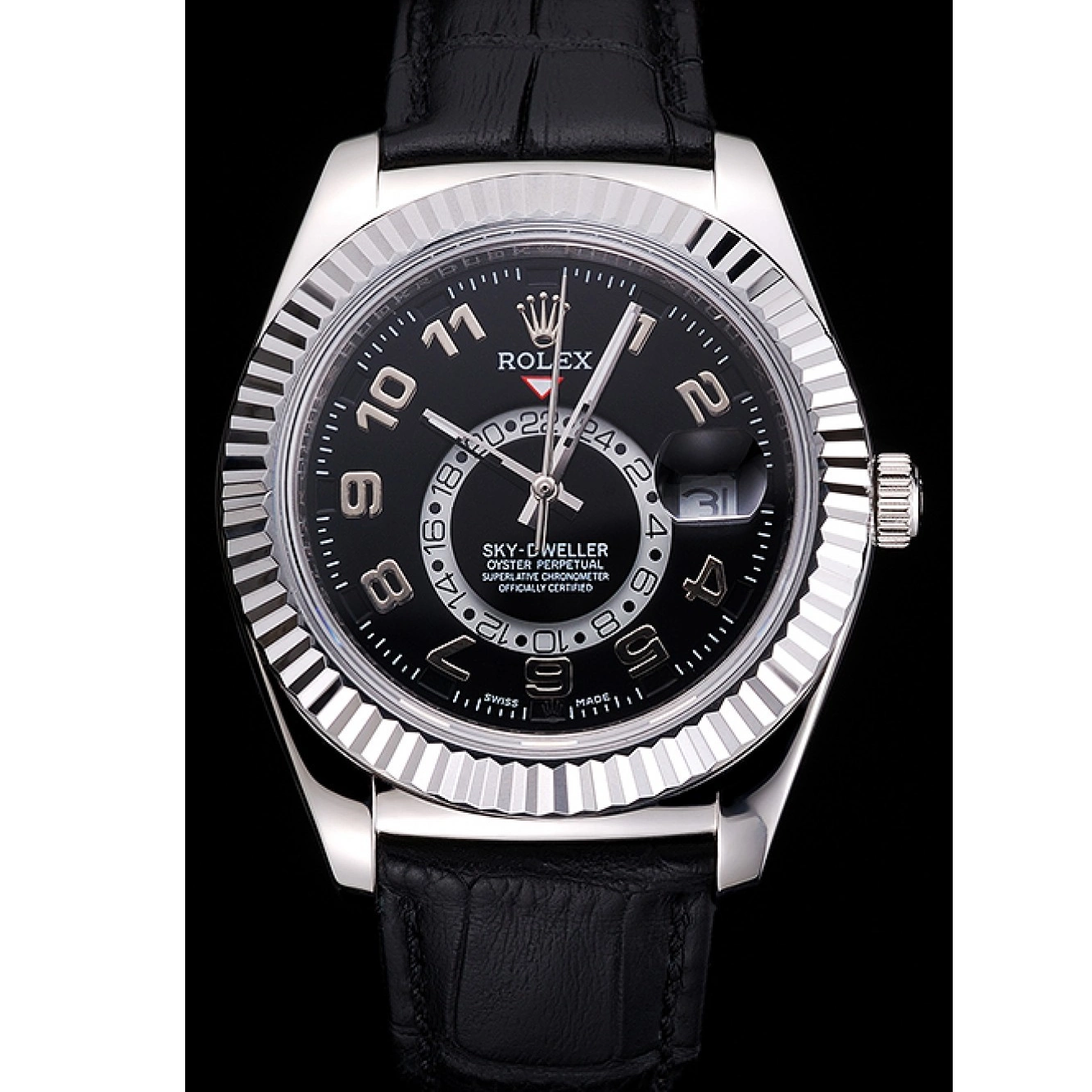 Aaa fake watches Dweller Leather Strap Black Rolex Sky Steel Dial Case Black Stainless 0624